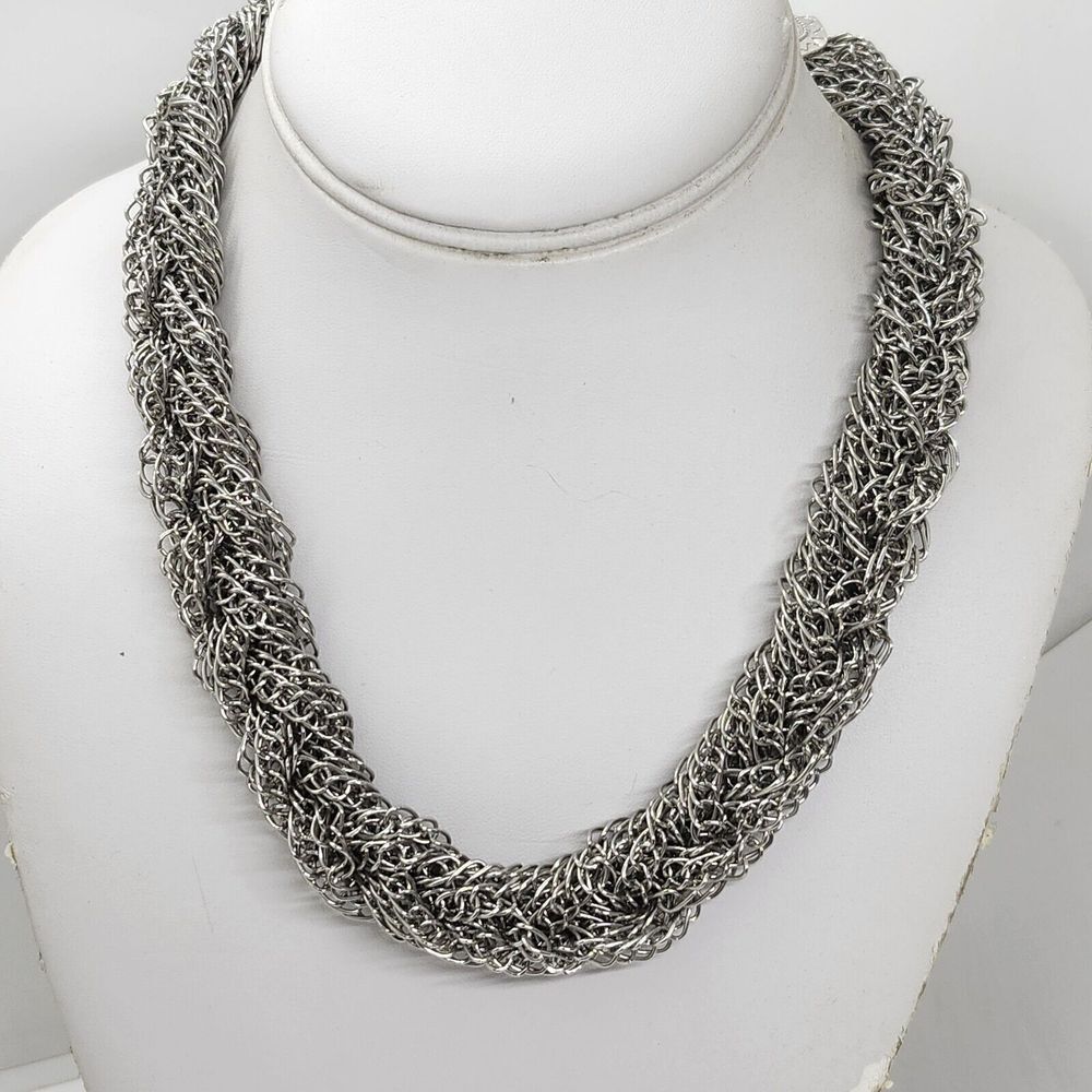 Necklace Wide Silver Tone Braided Chain‎ 19"